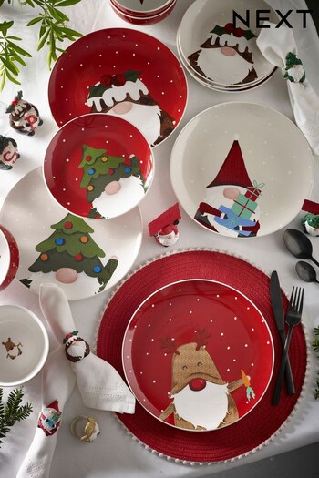 12 Piece Red Christmas Gonks Dinner Set (D24508) | £40