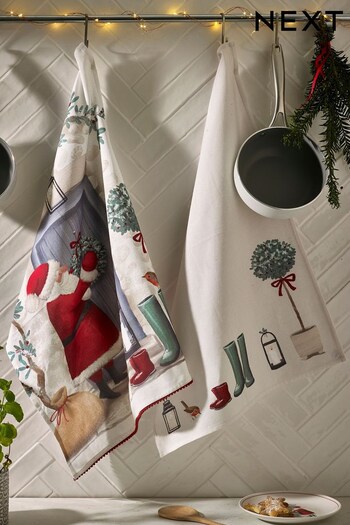 Set of 2 Natural Christmas Santa Tea Towels (D24528) | £10