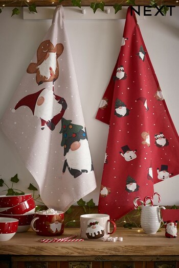 Set of 2 Red Christmas Gonk Tea Towels (D24530) | £9