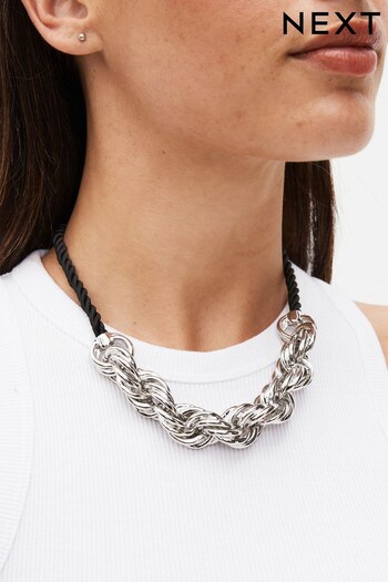 Silver Tone Twisted Chain Necklace with Black Cord Necklace (D24639) | £16