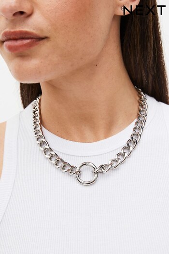 Silver Tone Chunky Chain Circle Necklace (D24655) | £12.50