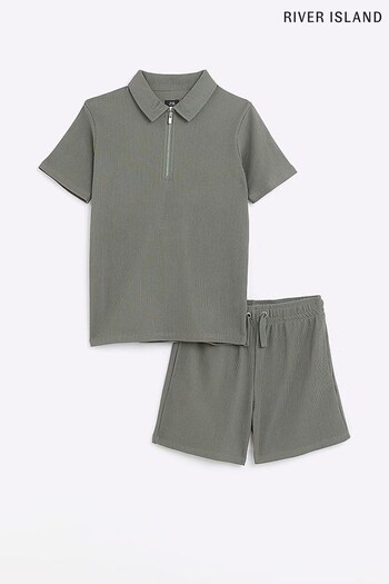 River Island Green Boys Plisse Polo Shorts Set (D25037) | £29 - £38