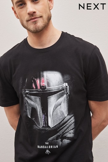 Black Star Wars The Mandalorian Print License T-Shirt (D25072) | £20