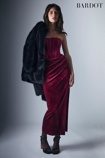 Bardot Red Everlasting Velour Midi Dress with Thigh High Split (D25183) | £114