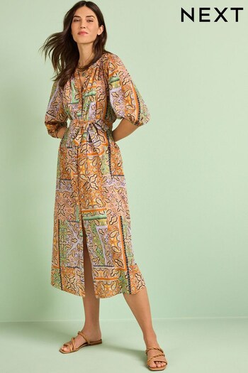 Orange Paisley Print 100% Cotton Midi Shirt Jersey Dress (D25761) | £54