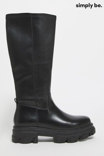 Simply Be Black Wide Fit Chunky Cleated Sole Knee High Boots (D25843) | £59