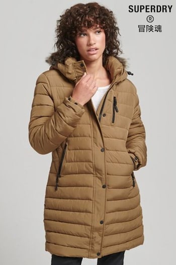 Superdry Brown Faux Fur Hooded Mid Length Puffer Jacket (D26302) | £105