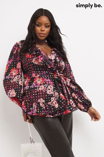 Simply Be Black Floral Printed Foil Frill Blouse (D26967) | £35