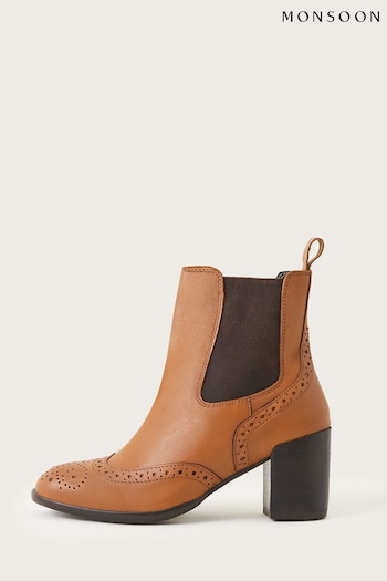 Monsoon Brown Classic Leather Heeled Brogue Boots Slipper (D27873) | £80