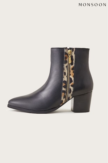 Monsoon Black Leather Animal Trim Ankle Boots (D27903) | £80