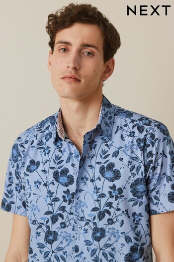 Dark Blue Floral Slim Fit Short Sleeve Printed Trimmed Shirt (D27957) | £32