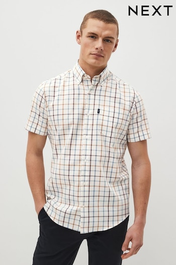 Cream/Blue Tattersall Check Regular Fit Short Sleeve Easy Iron Button Down Oxford Shirt (D27960) | £20
