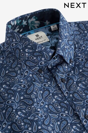 Navy Blue Paisley Regular Fit Short Sleeve Printed Trimmed Shirt (D27979) | £32