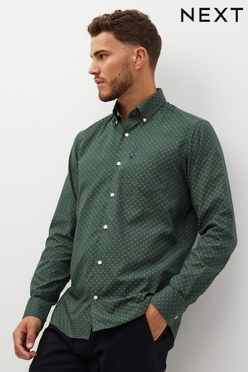 Dark Green Printed Slim Fit Easy Iron Button Down Oxford Shirt (D27980) | £22
