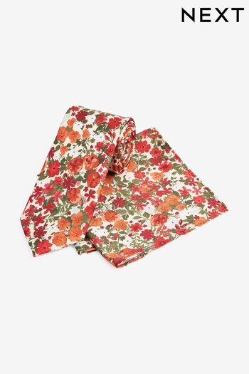 Orange Floral Tie And Pocket Square Set (D29086) | £16