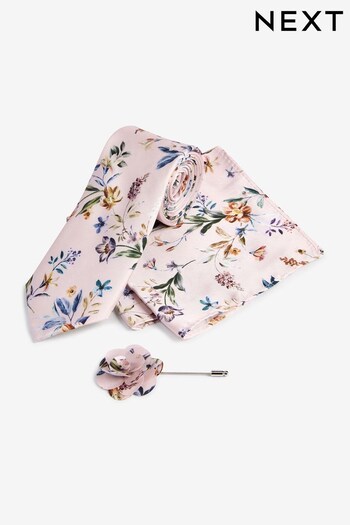 Light Pink Floral Tie, Pocket Square And Lapel Pin Set (D29087) | £18
