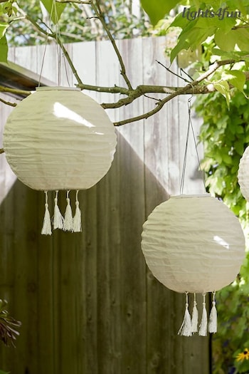 Lights4fun Cream Set of 3 Tassel Solar Hanging Lanterns (D29570) | £40