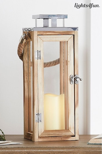Lights4fun Large Wooden Battery Operated LED Candle Lantern (D29604) | £27