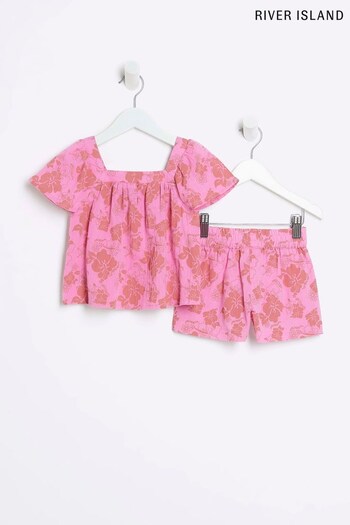 River Island Girls Pink Floral Hibiscus Shorts Set (D29660) | £20