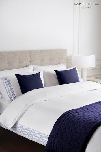 Gifts For Him White Blue 200 Thread Count Cotton Percale Embroidered Border Duvet Cover (D29754) | £80 - £130