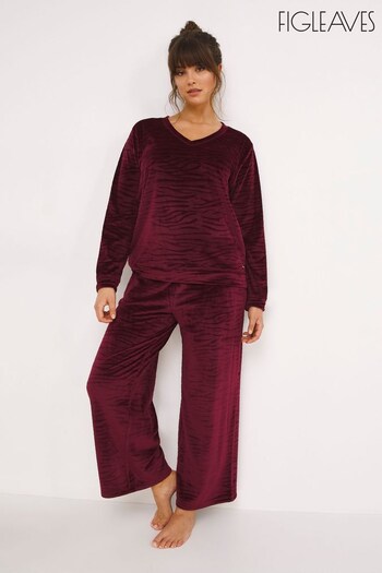 Figleaves Burgundy Red Zebra Print Super Soft Fleece & Wide Trousers Set (D29804) | £38