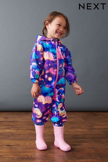 Multi Purple Dino Waterproof Fleece Lined Character Printed Puddlesuit (3mths-7yrs) (D29824) | £22 - £26