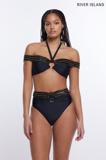 River Island Black Off Shoulder Elastic Bandeau Bikini Top (D30201) | £30