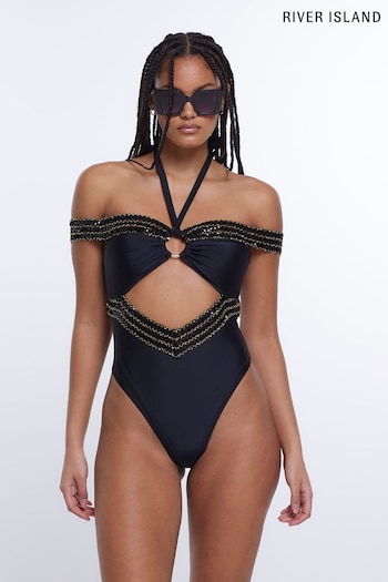 River Island Black Elastic Ring Bandeau Swimsuit (D30294) | £43
