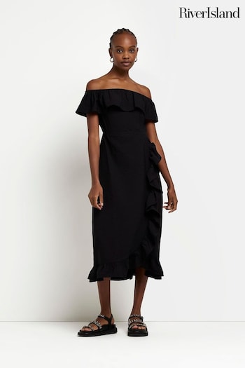 River Island Black Bardot Frill Midi Dress (D30942) | £35