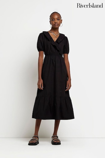 River Island Black Frill Wrap Midi Dress (D30957) | £47