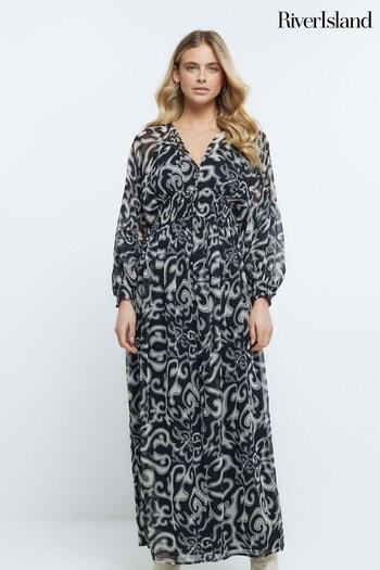 River Island Black Shirred Waist Midi Dress (D30985) | £50