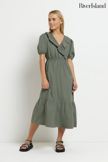 River Island Khaki Green Petite Puff Wrap Midi Dress (D32004) | £47