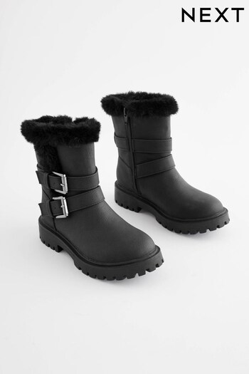 Black Warm Faux Fur Lined Buckle Boots (D32357) | £37 - £44