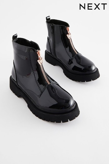 Black Patent Zip Front Chunky Boots (D32373) | £36 - £43
