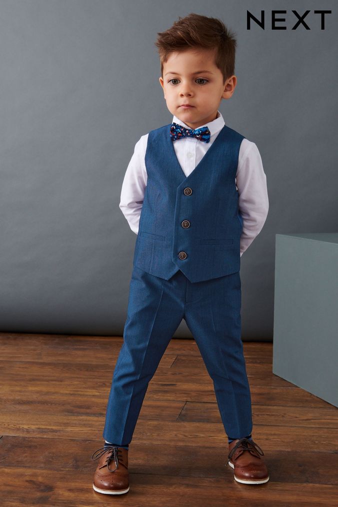 Blue Waistcoat, Trousers, Shirt & Bow Tie Set (3mths-9yrs) (D32420) | £43 - £49