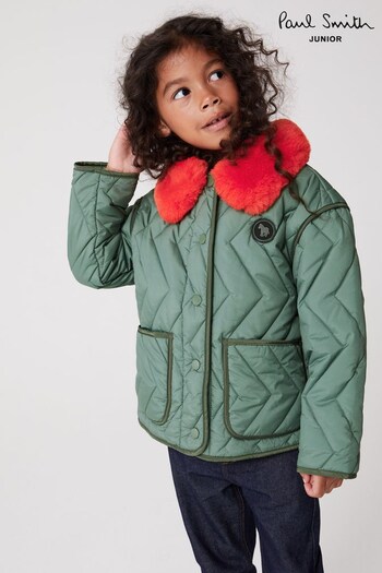 Paul Smith Junior Girls Khaki Green Fur Trim Quilted Jacket (D32444) | £160