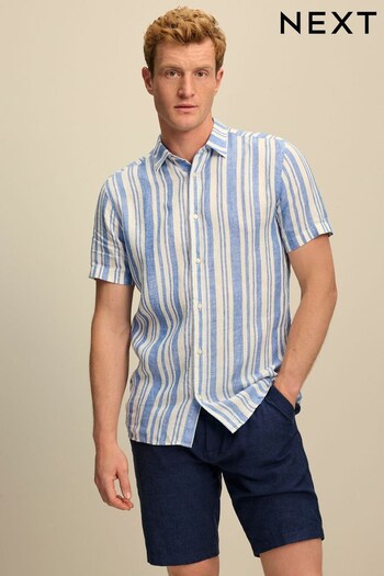 Blue Linen Blend Short Sleeve Stripe Shirt (D32447) | £30