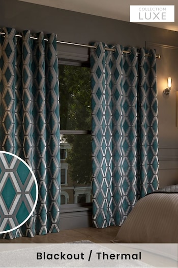 Teal Blue Collection Luxe Heavyweight Geometric Cut Velvet Eyelet Blackout/Thermal Curtains (D32911) | £195 - £370