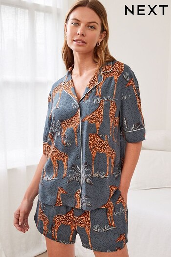 Blue Giraffe Short Sleeve Button Through Pyjamas (D32928) | £32