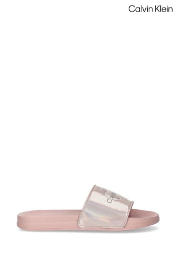 Calvin Klein Girls Pink Logo Print Slides (D32991) | £36