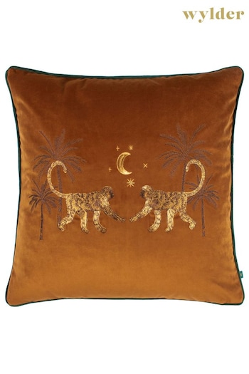 Wylder Orange Dusk Monkey Embroidered Piped Velvet Cushion (D33076) | £20