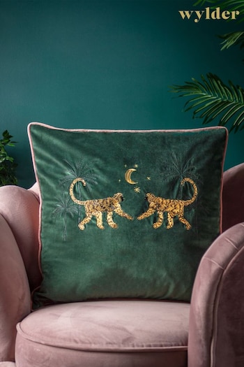 Wylder Green Dusk Monkey Embroidered Piped Velvet Cushion (D33078) | £20