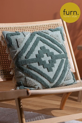 furn. Green Kalai Geometric Tufted Woven Cotton Cushion (D33097) | £20