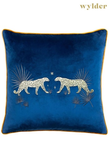 Wylder Blue Dusk Leopard Embroidered Piped Velvet Cushion (D33225) | £22