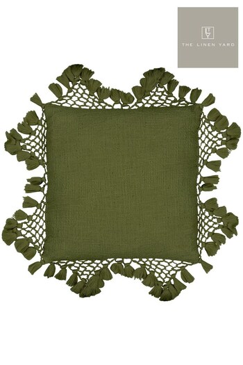 The Linen Yard Green Anko Slub Cotton Macramé Tassel Trim Cushion (D33235) | £21