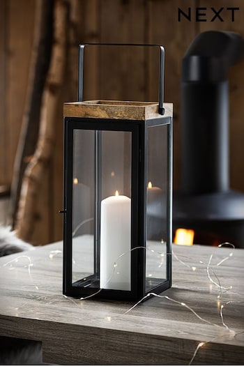 Black Bronx Large Wood And Glass Lantern (D33250) | £40