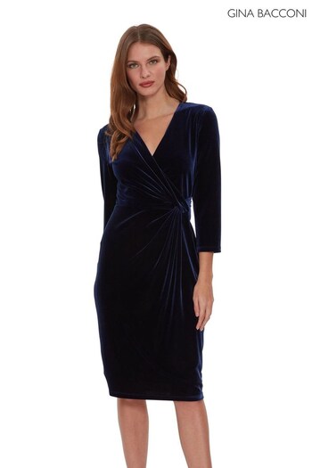 Gina Bacconi Blue Alexxia Velvet Wrap Dress With Knot (D33271) | £200