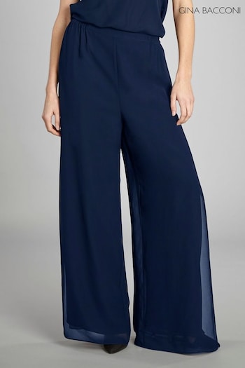 Gina Bacconi Blue Chiffon Layered Slit Trousers (D33285) | £140