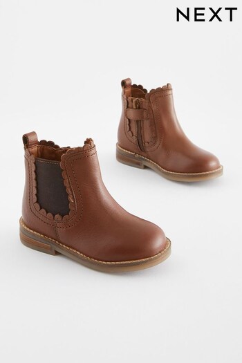 Tan Brown Leather Standard Fit (F) Scallop Chelsea Boots (D33332) | £34 - £40