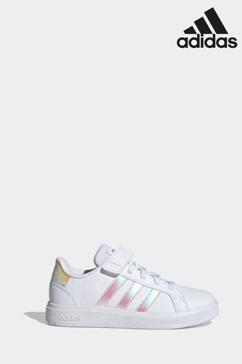 adidas White/Silver Sportswear Mouwen Grand Court Lifestyle Court Elastic Lace And Top Strap Kids Trainers (D33535) | £33